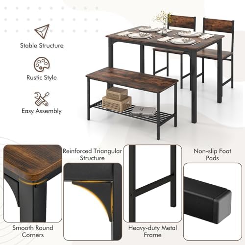 Dining Table Set for 4 with Storage Bench & 2 Chairs, Rustic Brown - Image 4