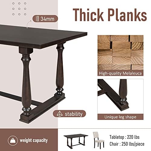 Retro 6-Piece Kitchen Dining Table Set with Comfortable Upholstery Chairs and Bench, Solid Wood Dining Table with Special-Shaped Legs, Suitable for Family Use (Espresso-Comfort) - Image 5
