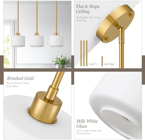 Milk Glass Pendant Lights Kitchen Island, 1-Light Modern Brushed Gold Hanging Light Fixtures with Rods, Mini Kitchen Pendant Lighting Over Island for Sink Bathroom, OS-YQ8153-1PBG - Image 2