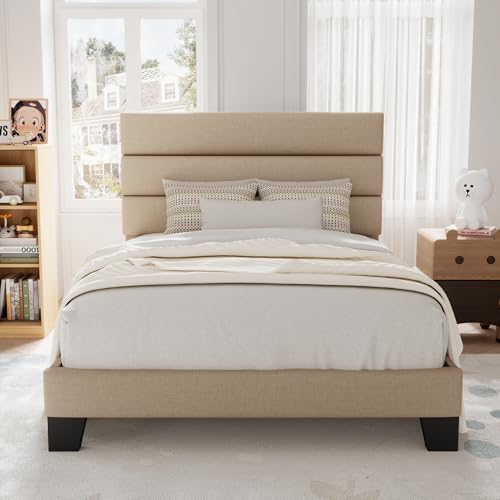 Allewie Twin Size Platform Bed Frame with Fabric Upholstered Headboard by Allewie