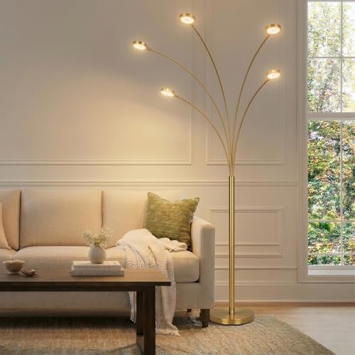 Brightech Orion Arc Floor Lamp for Living Room, Tree Floor Lamp with 5 Adjustable Arms, Multi-Head Standing Lamp with Flexible Rotating LED Lights for Bedroom, Dorm - Bright Hanging Lighting - Brass by Brightech