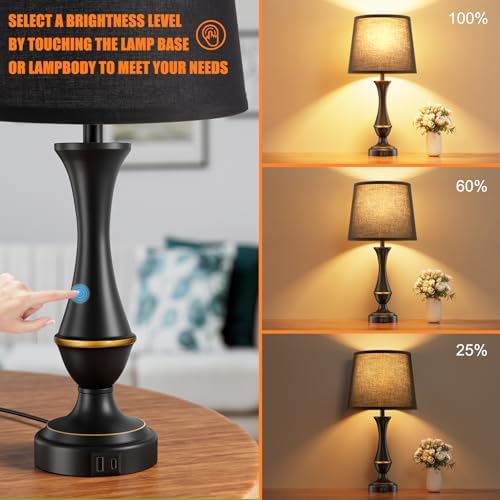 Touch Lamps for Nightstand, 3 Way Dimmable Lamps for Bedroom with USB C+A - Image 2