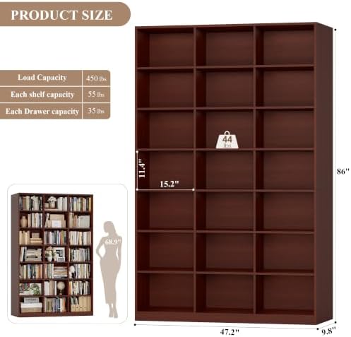 HOSTACK 86"H Triple Wide Bookshelf and Bookcase, Large Book Shelves, Cherry - Image 3