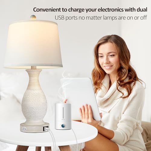 PARTPHONER Set of 2 Table Lamps with USB C+A Fast Charging Ports, 26" Tall Farmhouse Living Room Lamp with 3-Way Dimmable Nightstand Lamp White Fabric Shade for Living Room Bedroom Home Office - Image 5