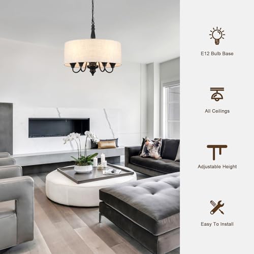 5-Light Drum Chandelier for Dining Room, 18'' Farmhouse Chandelier with Linen Shade, Round Fabric Drum Hanging Light Fixture for Entryway, Foyer, Living Room, Bedroom, Black - Image 5