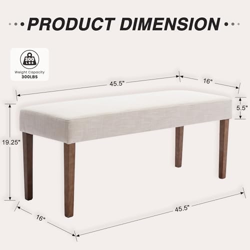 HNY Farmhouse Upholstered Dining Bench Seat, 45" Linen Entryway Bench with Natural Wood Legs, Mid Century Modern End of Bed Bench for Kitchen Bedroom Living Room Hallway, for 2-3 Person, Beige - Image 2
