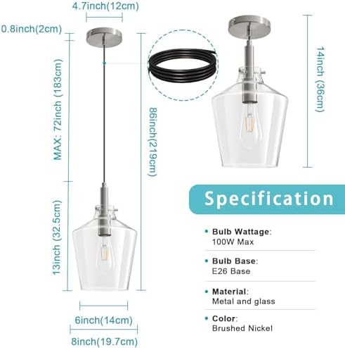 Glass Pendant Lighting for Kitchen Island Foyer 1 Pack Nickel Clear 8 Inch - Image 4