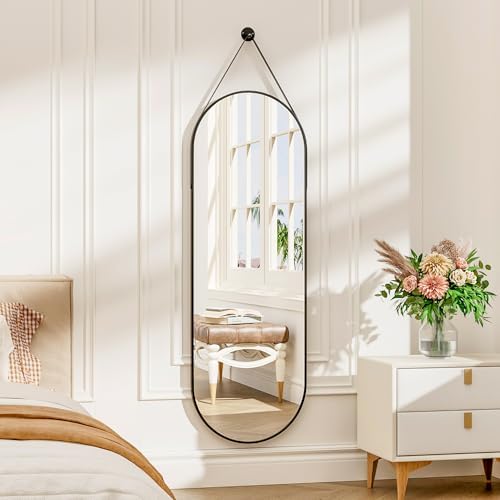 48"x16" Hanging Mirror Full Length with Leather Strap,Oval Full Length Mirror Wall-Mounted Hanging Mirrors for Bathroom Vanity Living Room Bedroom Entryway Décor, Black - Image 2