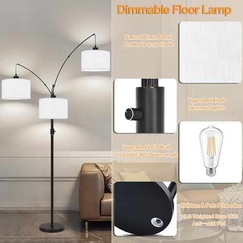 Dimmable Floor Lamp - 3 Lights Arc Floor Lamps for Living Room,Modern Tall Standing Tree Lamp with White Drum Linen Shade & Heavy Base,Mid Century Floor Lamp for Bedroom Corner Office,Bulbs Included - Image 4