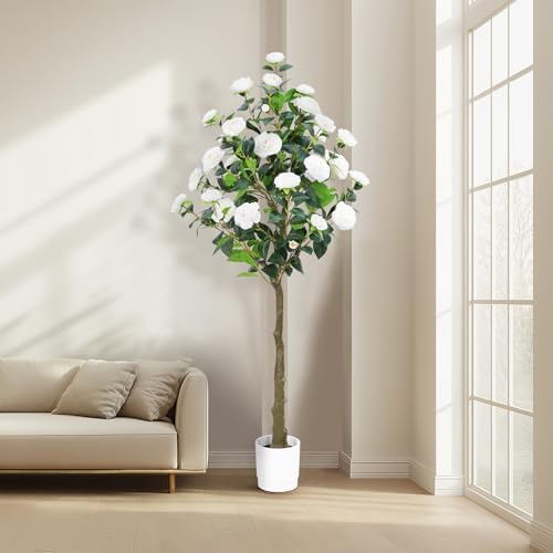 Artificial Camellia Tree 6FT– Faux Plants Indoor, with Easy Assembly, Low Maintenance, Ideal for Both Indoor Decoration and Other Purposes，Perfect Porch Christmas Trees (White 6ft) - Image 5