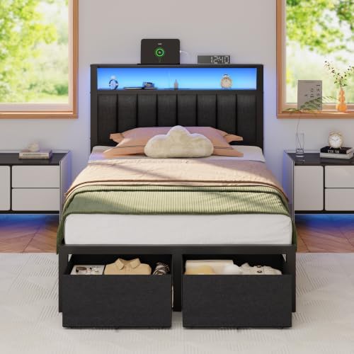 Furnulem Twin Bed Frames with Storage Drawers and Upholstered Headboard by Furnulem