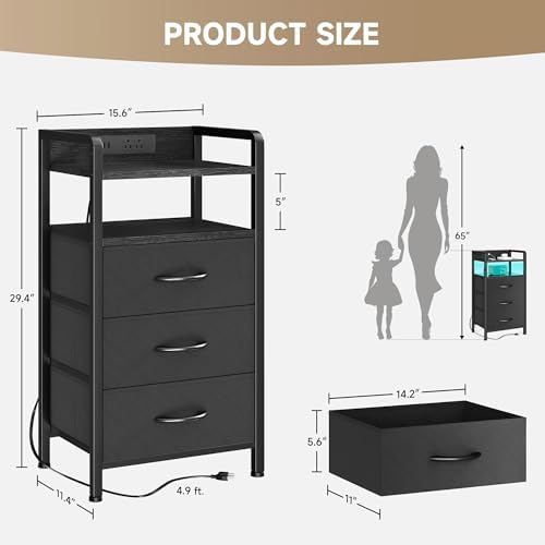 Lazzanto Nightstand with Rear Charging Station, LED Light, 3 Drawers, Black - Image 3