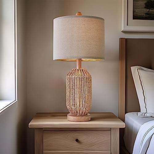 OYEARS 21" Boho Table Lamp for Living Room, Bedside Lamp for Nightstands, Rattan Lamp for Bedroom, Farmhouse Table Lamp for Room Decor, End Table, Retro, Brown, 1 Pack - Image 5