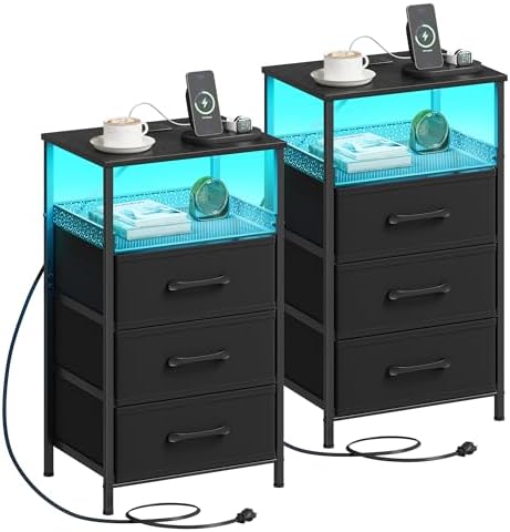 JARHETUN Night Stand Set 2 with Charging Station, 3 Drawer Nightstands with LED Lights, End Table with Outlets and USB Ports, Side Table with Open Shelf, Bedside Tables for Bedroom, Black by JARHETUN
