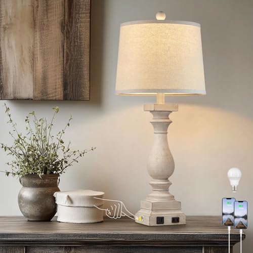 28" Tall Farmhouse Table Lamps with USB C+A Ports and AC Outlet, 3 Way Touch Control Rustic Bedside Lamps for Bedroom, Beige Vintage Nightstand Lamps for Living Room Office by MouvovoLighting