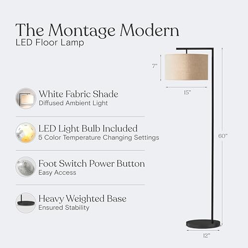 Brightech Montage Modern Floor Lamp - LED Standing Lamp with Tan Shade for Living Rooms & Offices - Bedroom Reading Light - Tall Corner Pole Lamp for Contemporary Home Decor - Black - Image 3