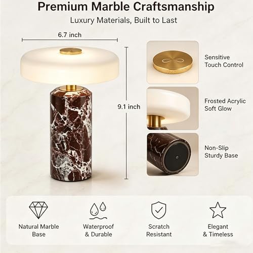 Marble Luxury Stone Rechargeable Touch Table Lamp, 3 Dimmable Cordless Design Bedside Lamp, Glass Lampshade, High-End and Light Luxury, for Console, Entryway, Foyer, Counter Purple - Image 3
