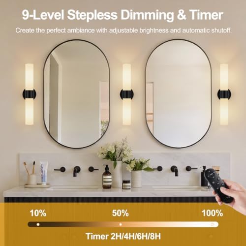 Rechargeable Wall Sconces Set of Two, Modern Matte Battery Operated Wall Light Fixtures with Remote Control, Dimmable Wireless Wall Sconces with Milky Glass for Bathroom Mirror Bedroom Living Room - Image 4
