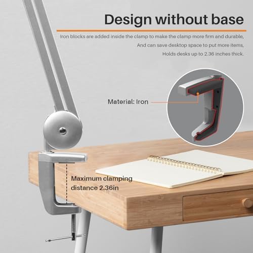 LED Desk Lamp with Clamp, Dimming Task Lamp for Reading Desktop Office Workbench Table Architect Sewing Study Home Craft, 117PCS LEDs, 2200 Lumens 20 Inch Metal Swivel Arm Work Lamp (Silver) - Image 4