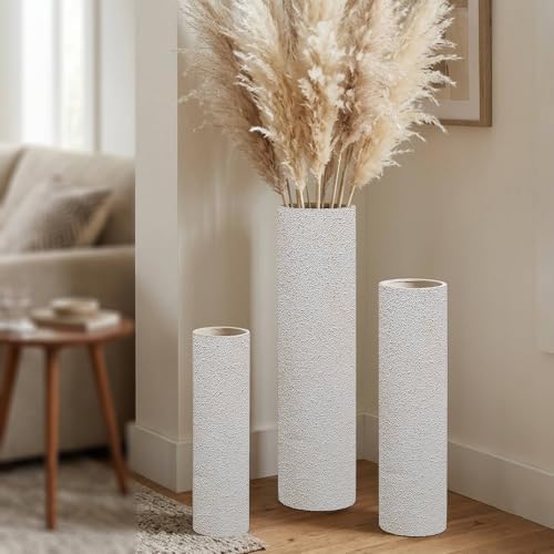 Distressed Off-White Tall Floor Vase - Set of 3 Pottery Look Metal Vases by Unknown