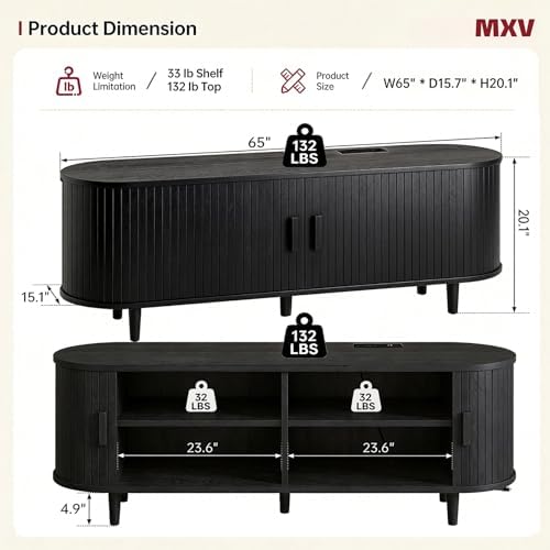 MXV 65" Mid-Century Modern TV Stand with Sliding Doors, TV Consoles with Power Outlet, Fluted Entertainment Center with Adjustable Shelves, for Living Room - Image 3