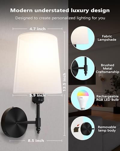 Battery Operated Wall Sconces Set of 2, Remote Control, RGB Bulb, Black - Image 4