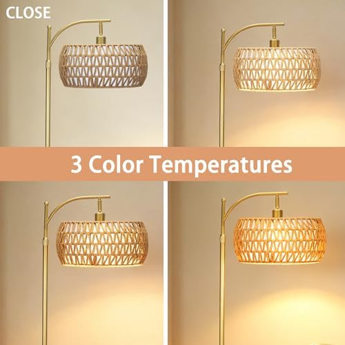 Gold Floor Lamps for Living Room, Arc Floor Lamp with Remote & Dimmable Bulb, 3 Color Temp Boho Standing lamp with Rattan Cage Shade, Height Adjustable Tall Lamp for Bedroom Corner - Image 2