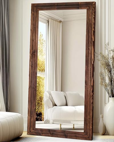 76x34in Full Length Mirror, 3-Tier Stepped Solid Wood Frame, Brown - Image 5