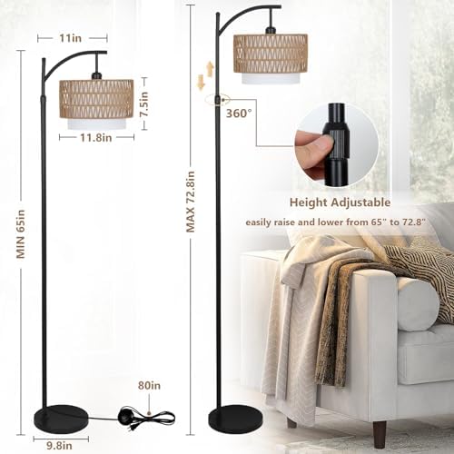 Arc Floor Lamp for Living Room with 3 Color Temperatures, Farmhouse Floor Lamps with Remote & Dimmable Bulb, Boho Standing Lamp with Rattan & Fabric Shades, Adjustable Tall Lamp for Bedroom, Office - Image 3