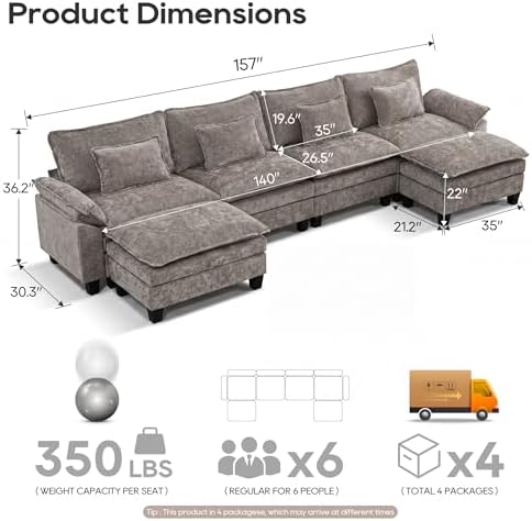 URRED Oversized Modular Sectional Sofa，Gray：157" U Shaped - Image 2