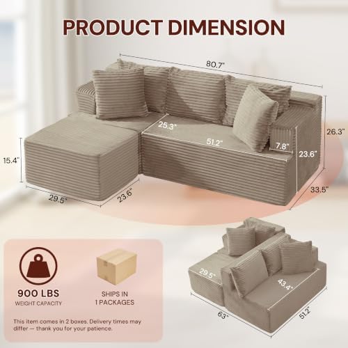 Korser Boneless Couches for Living Room, Cloud Couch Sectional with Ottoman, L-Shaped Sofa with Fluffy Comfy Corduroy Deep Seat, Bedroom, Apartment, No Assembly Required - Image 2