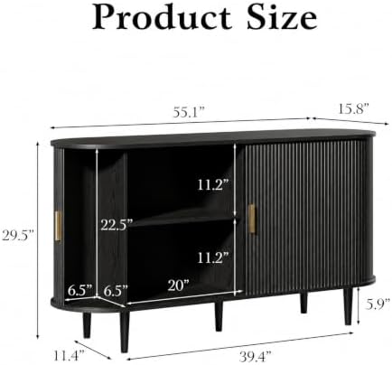 DHH Sideboard Buffet Cabinet with Storage,Mid Century Modern Fluted Accent Coffee Bar Console Table,Tambour Sliding Doors& Adjustable Shelf for Kitchen, Living Room, Entryway(Black, 55 Inch) - Image 2