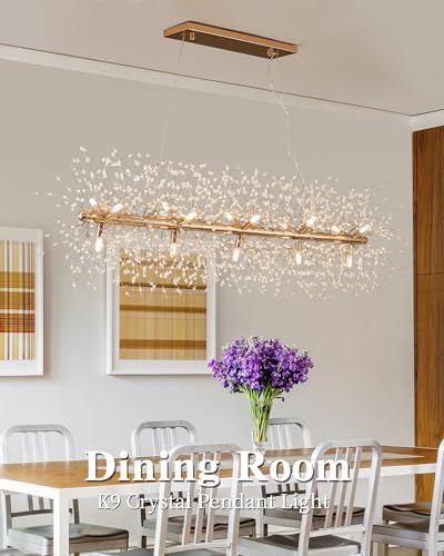 Modern 47.2" Modern Gold Crystal Firework Chandelier, 15-Light Pendant Light Fixture, Rectangle Linear Sputnik Dandelion Chandeliers for Dining Room Kitchen Living Room - Image 5