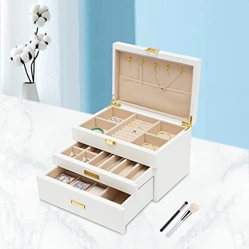 3 Layers Jewelry Storage Box with 2 Drawers, Large Wooden Jewelry Box for Women and Girls Necklace Ring Watch Organizer, White - Image 2