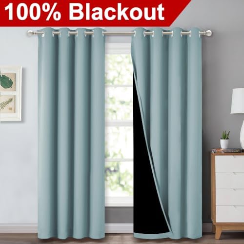 NICETOWN 100% Blackout Curtains 84 inches Long, Sky Blue, 52 inches Wide, Pair of Energy Smart & Noise Blocking Out Drapes for Baby Room Window, Thermal Insulated Guest Room Lined Window Dressing - Image 2