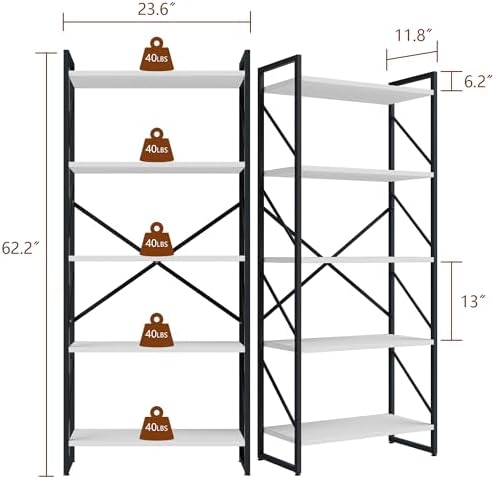 Shintenchi 5 Tiers Bookshelf, Classically Tall Bookcase Shelf,Industrial Book Rack,Modern Book Holder in Bedroom/Living Room/Office, Storage Rack Shelves for Books/Movies,11.8" Dx23.6 Wx62.2 H,White - Image 2