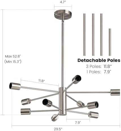 RUIYEY Modern Sputnik Chandeliers Light, 10 Lights Brushed Nickel Chandeliers for Dining Room, E26 Height Adjustable Chandelier Ceiling Lighting Fixture for Farmhouse Kitchen Island Living Room Foyer - Image 2