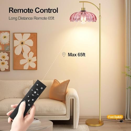 Gold Arc Floor Lamp for Living Room Bedroom,Mid Century Modern Standing Lamp with Remote,Dimmable Brass Tall Lamp Pink Flower Glass Lamp,Adjustable Vintage Floor Lamps Floor Light for Corner Office - Image 5