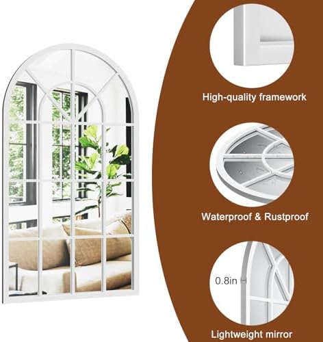 Dewfig Arched Wall Mirror, 42"x30" Metal Frame Windowpane Mirror, White - Image 7