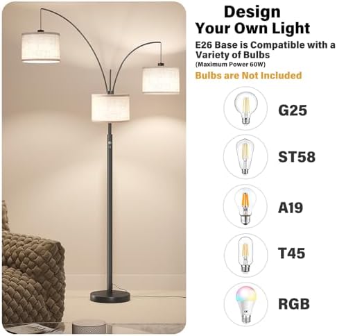 SUNMORY 3 Lights Floor Lamp for Living Room, 78" Tall Standing Lamp with Hanging Drum Shade, Modern Arc Floor Lamps with Heavy Base, Mid Century Arched Tree Floor Lamp for Bedroom, Office, Corner - Image 4