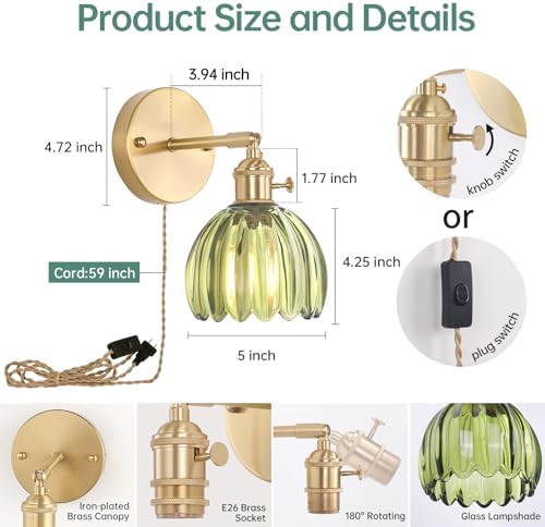 Shenmoyl Plug in Wall Sconce, Green Tulip Glass Lampshade Wall Light Plugin Corded for Bedside Bedroom Doorway - Image 5