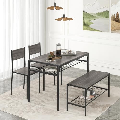 GIANTEX Dining Table Set for 4, Kitchen Table with Chairs & Bench, Storage Racks, Metal Frame, 4-Piece Space-Saving Dinette Set for Dining Room, Breakfast Nook, Small Space, Apartment, Grey - Image 2