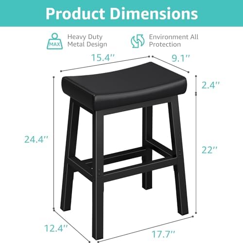 WINAZ 24 Inch Bar Stools for Kitchen Island, Kitchen Chairs Counter Height Stools with Footrest, Black Saddle Leather Barstools Heavy Duty for Dining Table Farmhouse Outdoor, 1 PC - Image 3