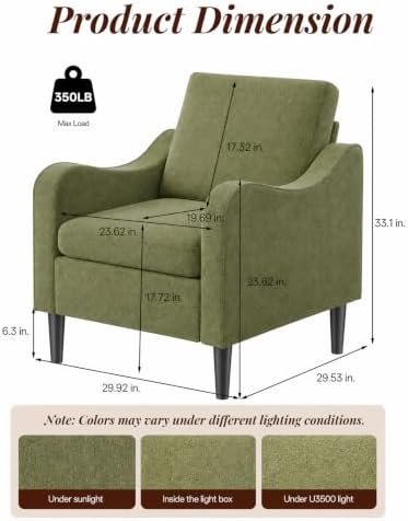 LEVELEVE Accent Arm Chair – Olive Green, Upholstered Scooped Comfy Reading Chair for Living Room, Bedroom, Apartment, Waiting Room - Image 2