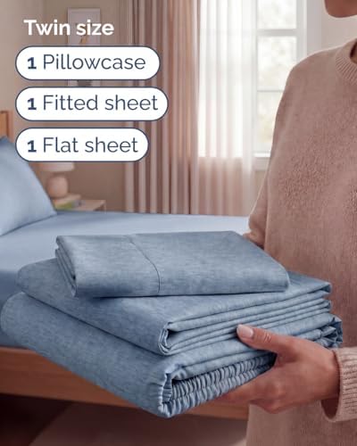 Twin Size 3 Piece Sheet Set - Breathable & Cooling Sheets - Heathered Blue - Image 3