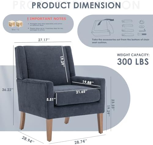 COLAMY Modern Wingback Living Room Chair Set of 2, Upholstered Fabric Accent Armchair, Single Sofa Chair with Lounge Seat and Wood Legs for Bedroom/Office/Reading Spaces, Blue - Image 2