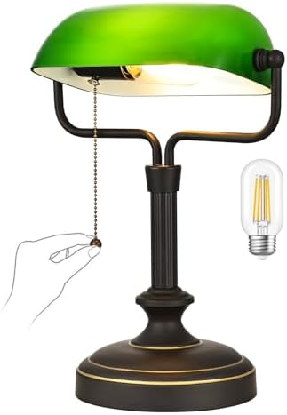 Traditional Banker's Desk Lamp with Glass Shade,Pull Chain Switch, LED Bulb Included (Antique Black+Green) by LOFOB