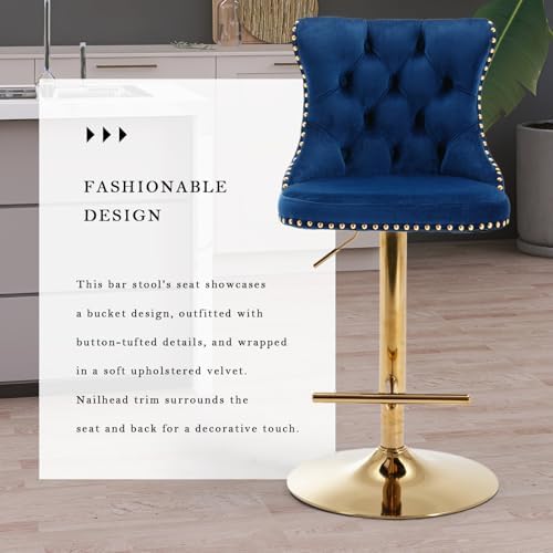 SoarFlash Velvet Bar Stool Set of 6, Adjustable Swivel Bar Stools with Gold Plated Metal Leg, Button Tufted, Footrest, Chrome Nailhead, Counter Height Chair for Kitchen, Bar, Dining Room (Blue) - Image 5