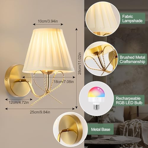 Cordless Battery Operated Wall Sconces Set of Two, Vintage Gold Sconces Wall Decor, Rechargeable Dimmable LED Lights with 15 Colors, Bow Wireless Wall Lamp for Bedroom Living Room Hallway - Image 2