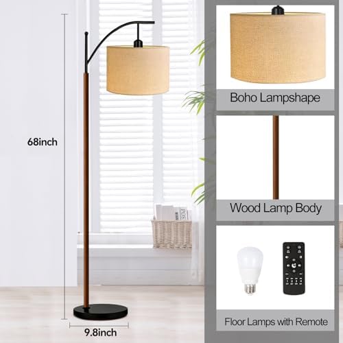 ILLMTW Arc Floor Lamp for Living Room,Bedroom,Vintage Mid Century Modern Standing Lamp with Remote Dimmable,Wood Boho Black Tall Lamp Fabric Lamp Shade Floor Lights Bohemian Tiffany Style - Image 5